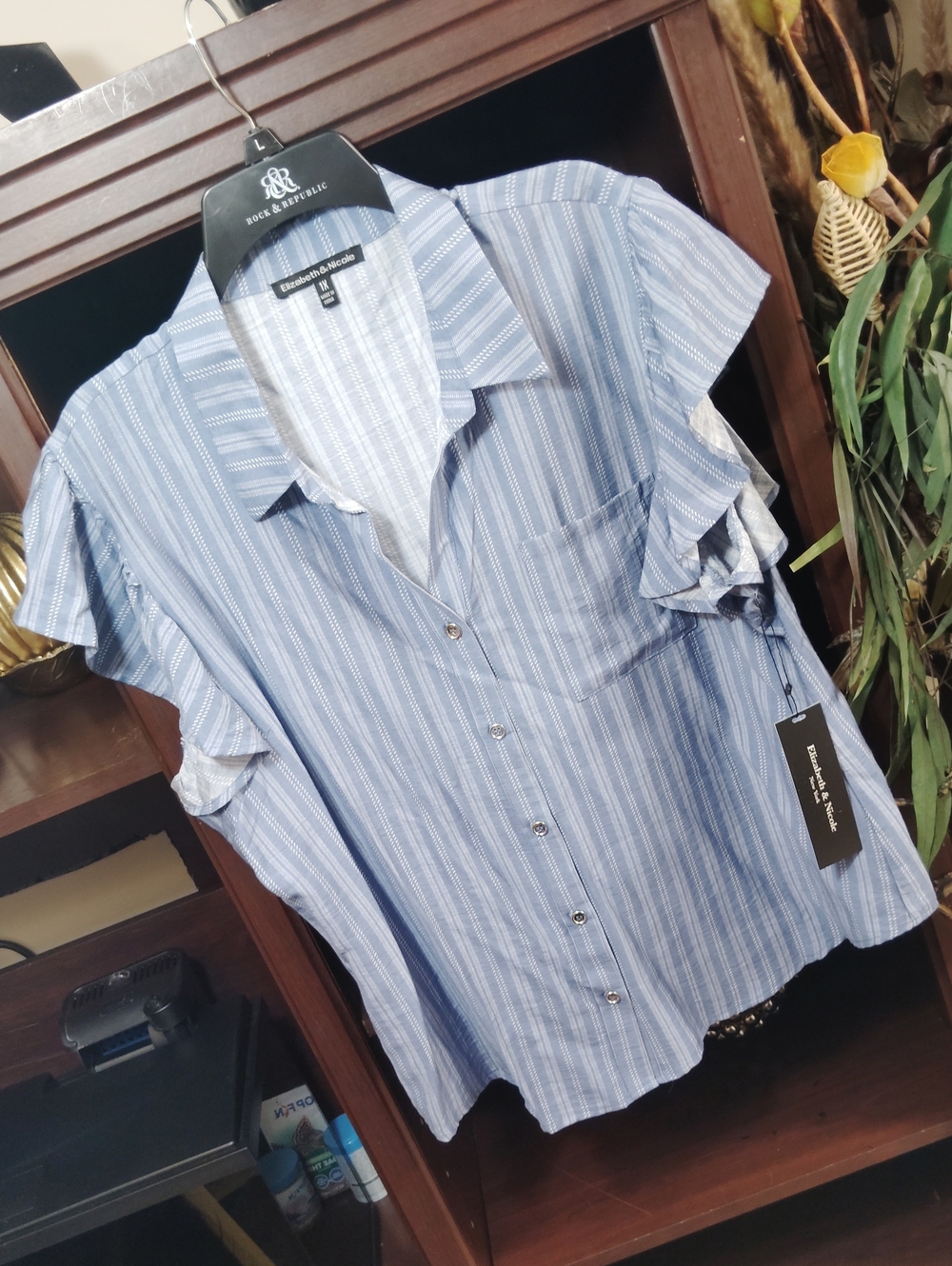 Blue Stripe Ruffle-Sleeve Button Down Shirt